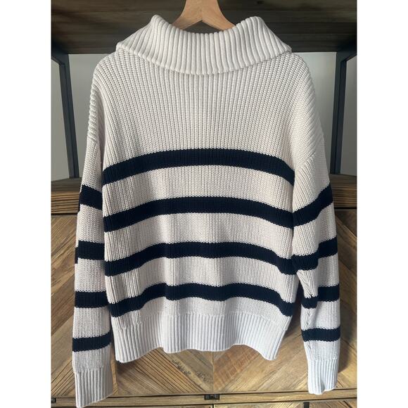 Tommy Hilfiger Chunky Cableknit Quarter Zip Striped Sweater Navy Cream Large - Picture 5 of 6